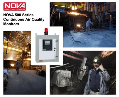 Continuous air quality monitors and workers walking around a facility